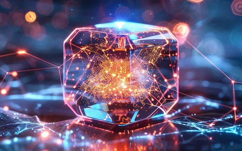 Digital illustration of a glowing crystal-like object surrounded by interconnected light patterns.