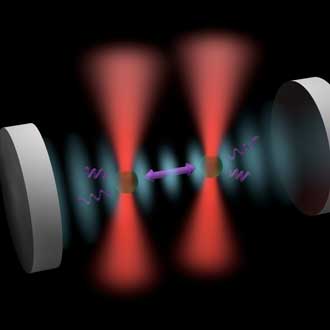 Graphic of two grey circle discs with two vertical rays of light in the middle of them and a purple arrow indicating a magnetic push.