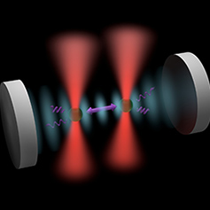 Graphic of two grey circle discs with two vertical rays of light in the middle of them and a purple arrow indicating a magnetic push.