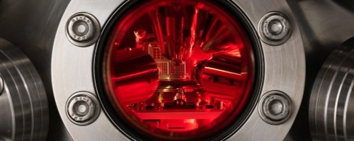 Quantum photonics device inside a laboratory measurement chamber.
