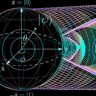 A futuristic physics illustration with a sphere, mathematical notations, and arrows on the left, transitioning into a tunnel-like grid with glowing blue and purple waveforms on the right.